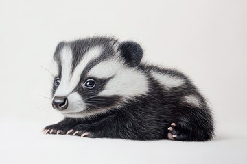 Fototapeta premium A baby badger is laying on its back with its head tilted to the side. The baby badger is looking at the camera with a curious expression