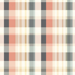 Soft plaid pattern with muted colors, featuring a blend of peach, cream, and dark hues, creating a warm and inviting look.