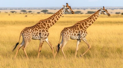 Obraz premium Giraffes Walking Through Tall Grass at Golden Hour