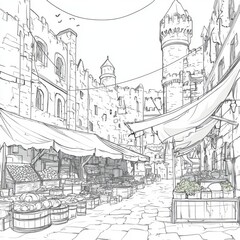 Obraz premium Sketch of a medieval marketplace with stone buildings, awnings, and various produce displayed for sale.