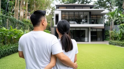 Joyful couple embraces outside their new house, showcasing their dream home in a serene suburban setting during daylight