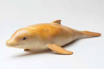 A small, tan dolphin figurine sits on a white background. The dolphin has a smile on its face and he is looking at the camera