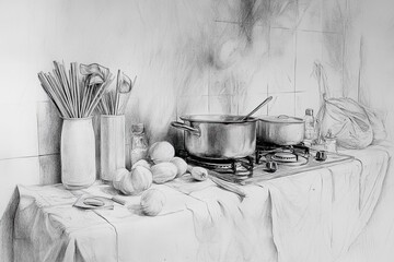 A detailed pencil sketch of a vintage Italian kitchen scene with pots on a stove, spaghetti in jars, garlic, and other cooking essentials on a rustic counter