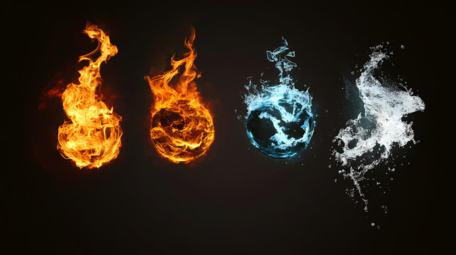 Earth, water, air, fire. four elements of nature. elements. isolated black background. glowing elements on a black background. Incandescence. Illustration