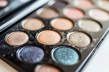 A makeup palette with a variety of colors including blue, green, and purple
