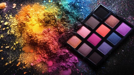 A colorful palette of makeup is scattered on a black surface