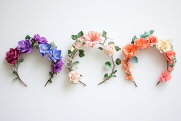 Three flower headbands are displayed on a white background. The headbands are purple, pink, and orange