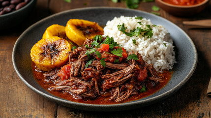 Tender shredded beef smothered in a savory sauce with rice and sweet plantains