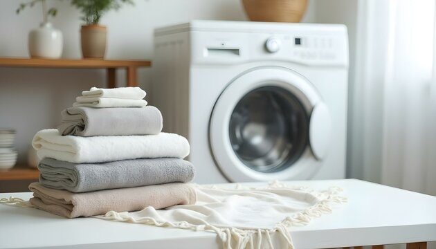 Mesa con pilas de ropa doblada y lavadora en fondo, creando un ambiente de lavander&iacute;a en el hogar