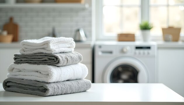 Mesa con pilas de ropa doblada y lavadora en fondo, creando un ambiente de lavander&iacute;a en el hogar