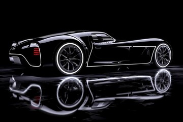 Elegant black sports car showcasing futuristic design in a minimalistic dark environment