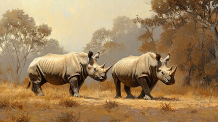 Obraz premium Rhinos Grazing in Soft Light on Grassy Hill