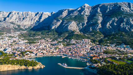 Makarska, a stunning coastal city on Croatia's Adriatic Sea, captured from the drone, reveals its...