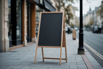 Blank black chalkboard in a wooden frame placed on the sidewalk near the entrance of a street café, with an open door and urban backdrop.