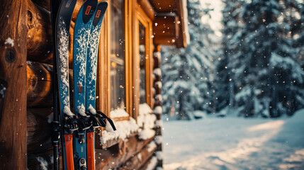 Pair of skis resting against log cabin in snowy forest