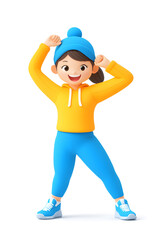 3D cartoon character illustration of a happy fit woman in sportswear stretching, isolated on white background,