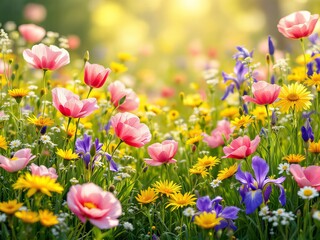 Obraz premium Vibrant Wildflower Meadow with Pink, Yellow, and Purple Blossoms, Blooming in Soft Sunlight, Beautiful Nature and Springtime Scenery