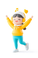 3D cartoon character illustration of a happy fit woman in sportswear stretching, isolated on white background,