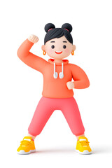 3D cartoon character illustration of a happy fit woman in sportswear stretching, isolated on white background,