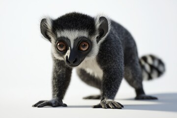 Fototapeta premium Captivating image of a lemur with large eyes and a striped tail, set against a plain white background.