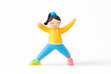 3D cartoon character illustration of a happy fit woman in sportswear stretching, isolated on white background,