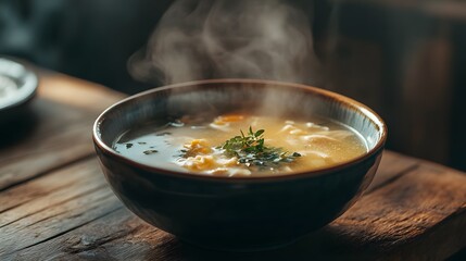 Steaming bowl of hot soup with dumplings and herbs