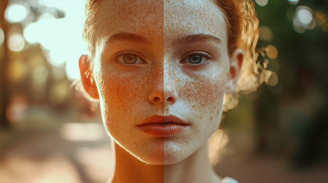 Young woman stands outdoors, showcasing contrasting half-light effects on her face