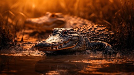 Obraz premium Serene Riverbank Scene at Golden Hour Lighting