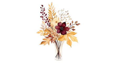 Fototapeta premium Elegant Autumn Watercolor Floral Arrangement: Warm Fall Tones of Leaves, Berries, and Rustic Beauty