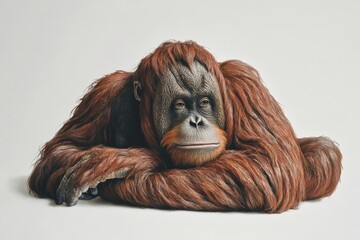 A large orange orangutan is laying on its back with its head resting on its chest. The animal appears to be relaxed and comfortable in its surroundings