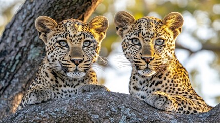 Fototapeta premium Two Leopards Gazing at Horizon in Golden Hour Light