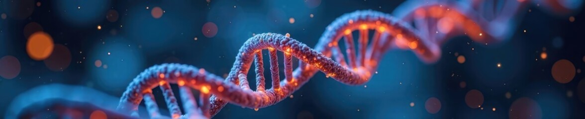 Close-up of glowing DNA double helix, with vibrant blue and orange colors, surrounded by scientific tools and equipment, fluorescent light, genetics, DNA
