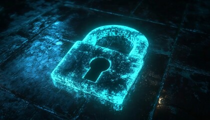 Digital padlock icon with glowing blue effects on dark background for cybersecurity concept
