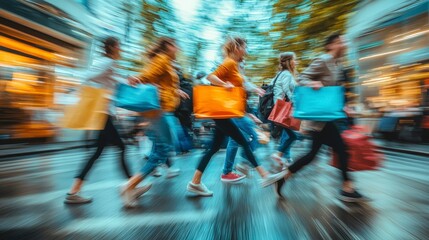 A group of young people move energetically with large colorful shopping bags down a busy street, creating a vibrant motion blur reflecting modern urban life.