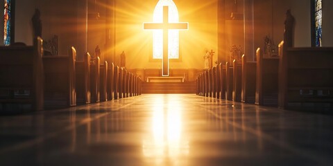 Naklejka premium Warm sunlight illuminates a cross in a tranquil church interior, creating a serene and spiritual atmosphere.