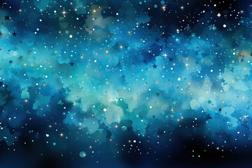 Obraz premium Dreamy watercolor night sky with sparkling stars and blue nebulae. A beautiful backdrop for cosmic projects.