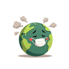 Earth's Sad Reality, A Cartoon Planet Wearing a Mask Amidst Pollution, a Visual Commentary on Environmental Concerns