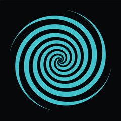 Hypnotic spiral pattern, neon cyan glow vector art illustration on black background