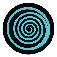 Hypnotic spiral pattern, neon cyan glow vector art illustration on black background