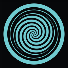 Hypnotic spiral pattern, neon cyan glow vector art illustration on black background