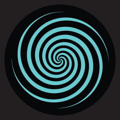 Hypnotic spiral pattern, neon cyan glow vector art illustration on black background.
