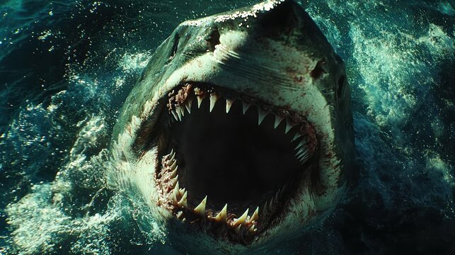 Great white shark with open jaws underwater.