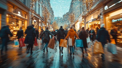 An evening scene capturing people in cozy attire strolling under shimmering lights in a busy city...