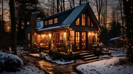 A cozy cabin with a fireplace and a porch lit up with Christmas lights. The atmosphere is warm and inviting