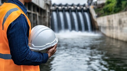 Close-up of an engineer in a blue shirt assessing construction at a dam, helmet in hand, with cranes and mountains in the background