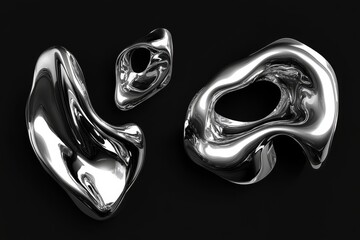 Glossy abstract chrome liquid metal shapes on black background, modern 3D silver forms with reflective surface design