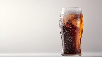 A refreshing cold soda with condensation droplets on a clean white background.