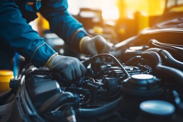Auto mechanic repairing car undercarriage with engine focused under soft lighting and tools