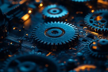 Abstract digital background featuring gears and circuit board in blue for machine learning concepts