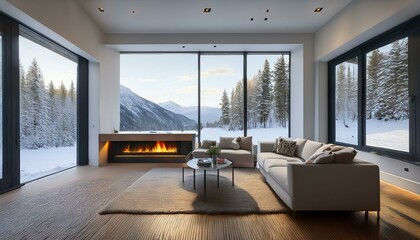 modern winter living room featuring a cozy fireplace and large windows overlooking snowy landscape